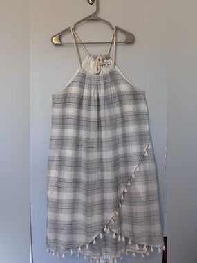 Madewell White and Gray Plaid Midi Dress with Tassel Trim